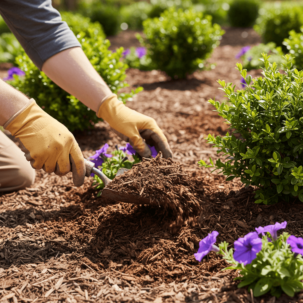Professional mulch installation in flower bed