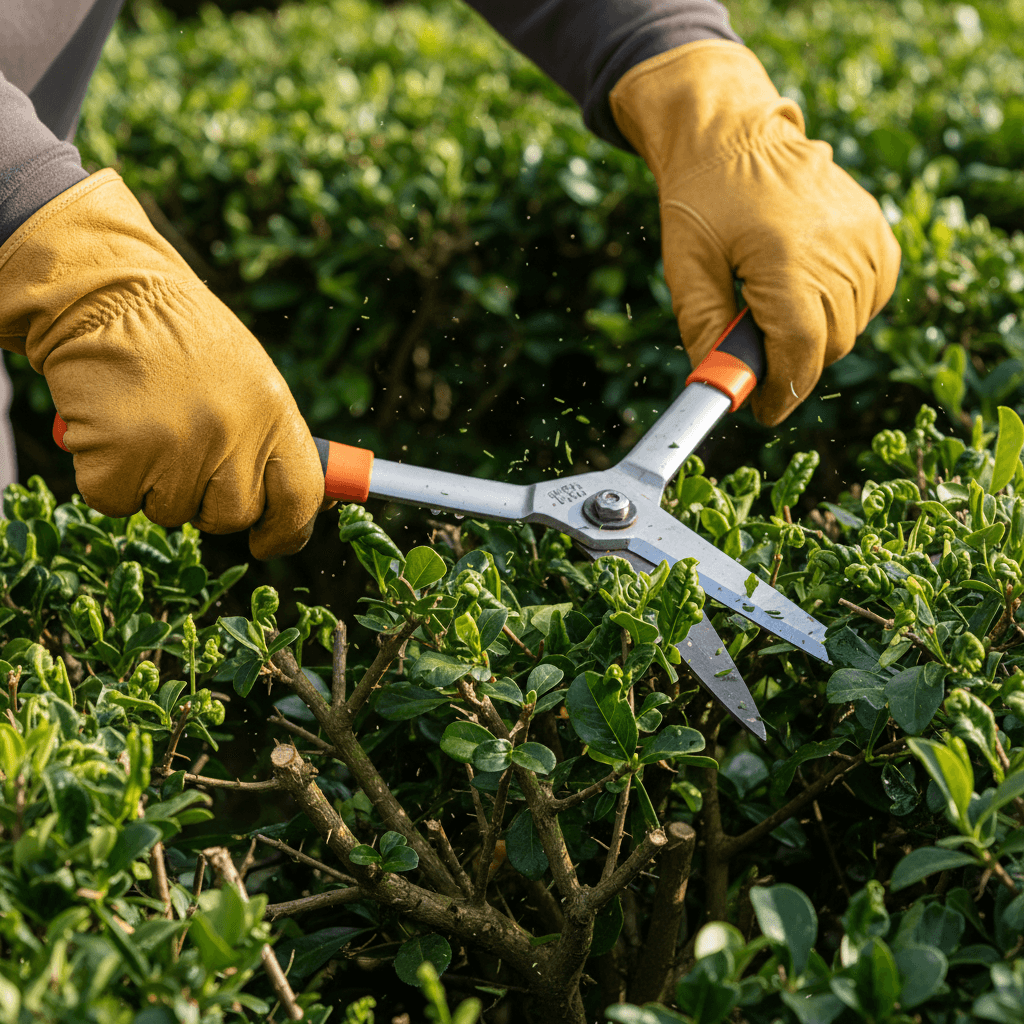 Professional shrub trimming with hedge shears
