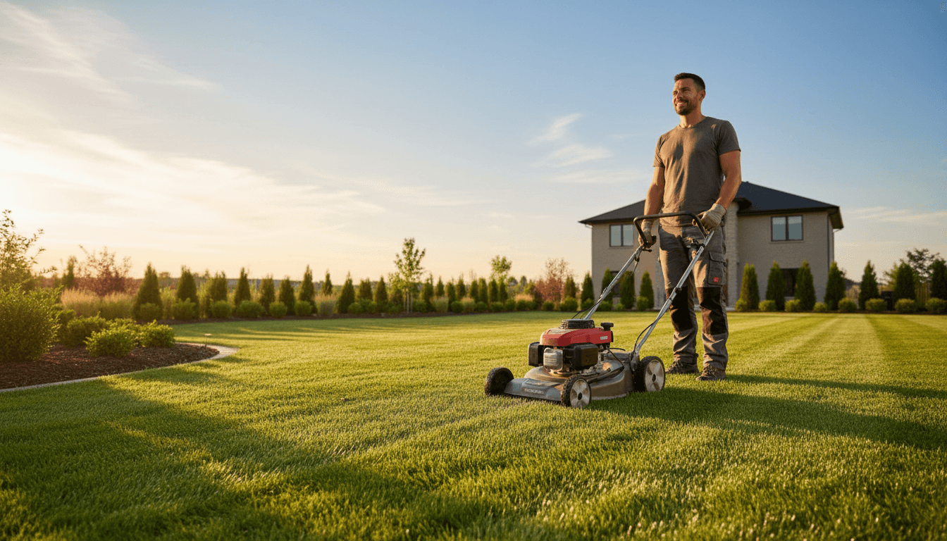 Professional lawn care specialist standing on well-maintained residential property in Rochester