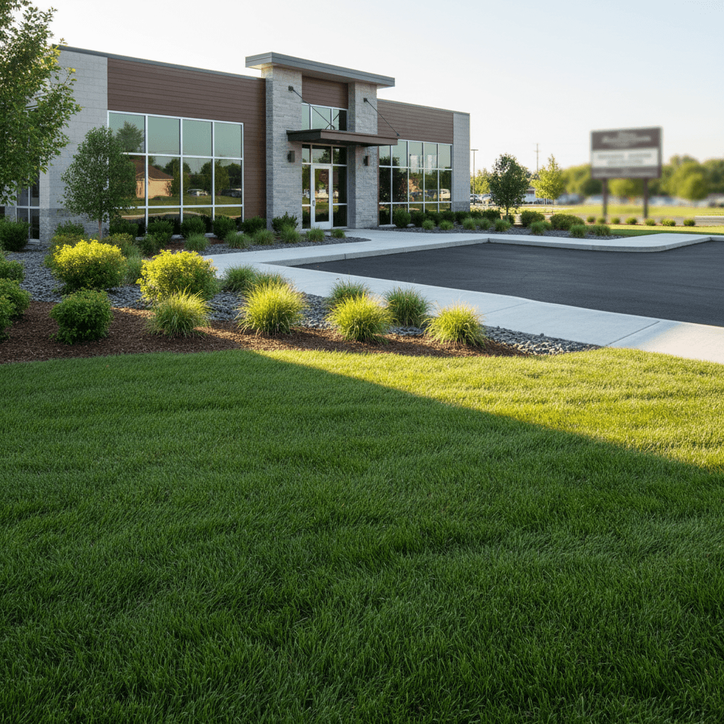 Well-maintained commercial office property landscape