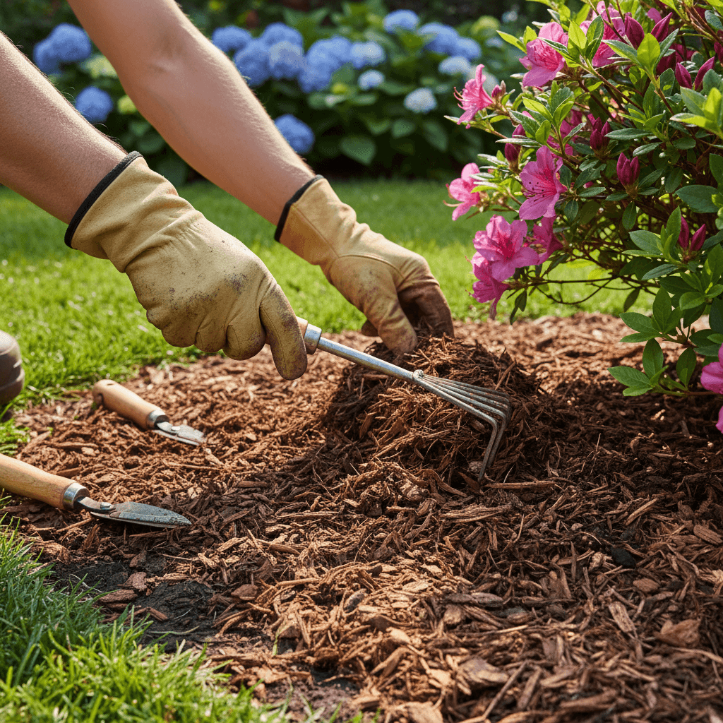 Arranging fresh mulch in a flower bed