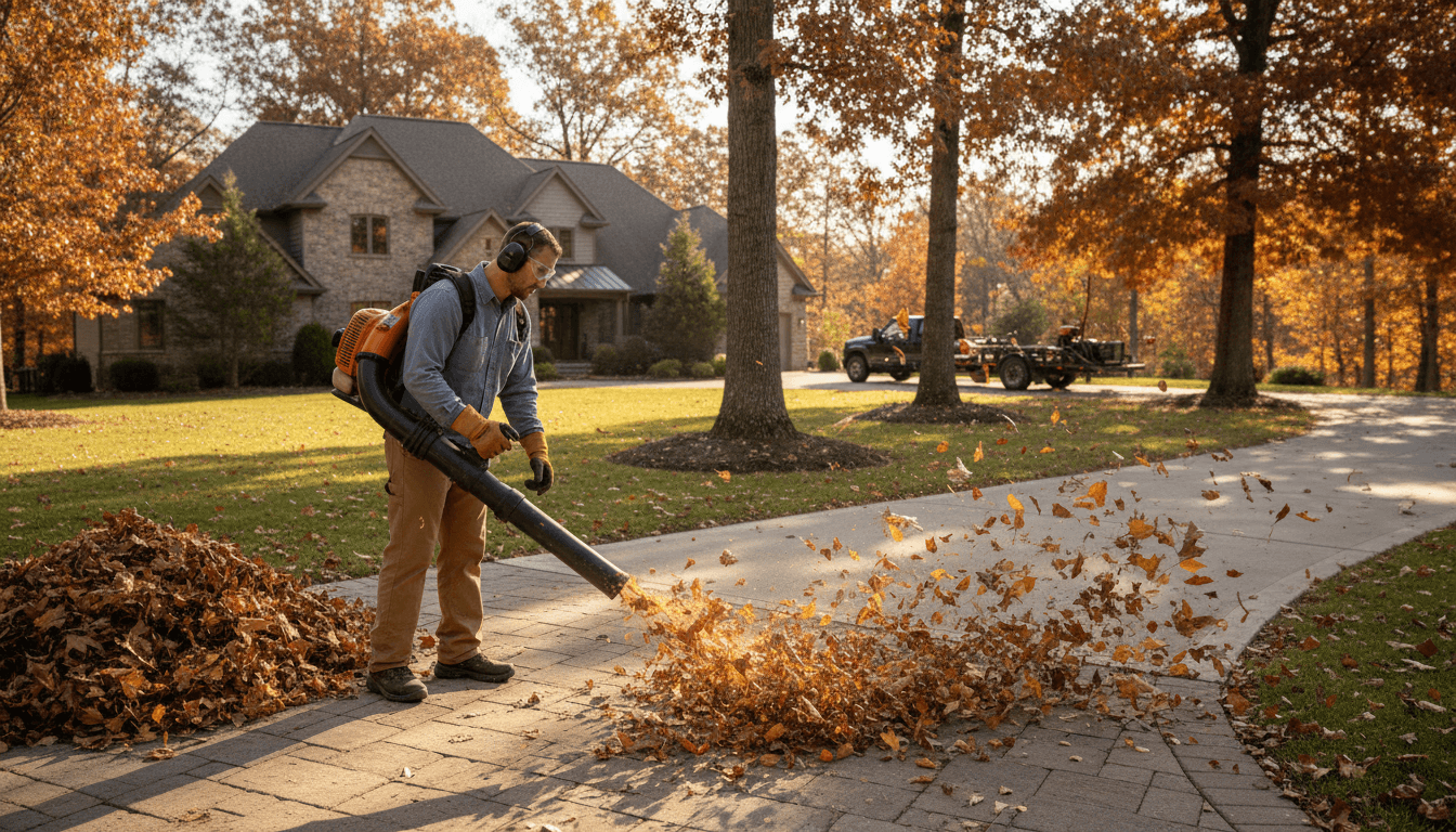 Landscaper actively gathering and piling fall leaves from a residential yard