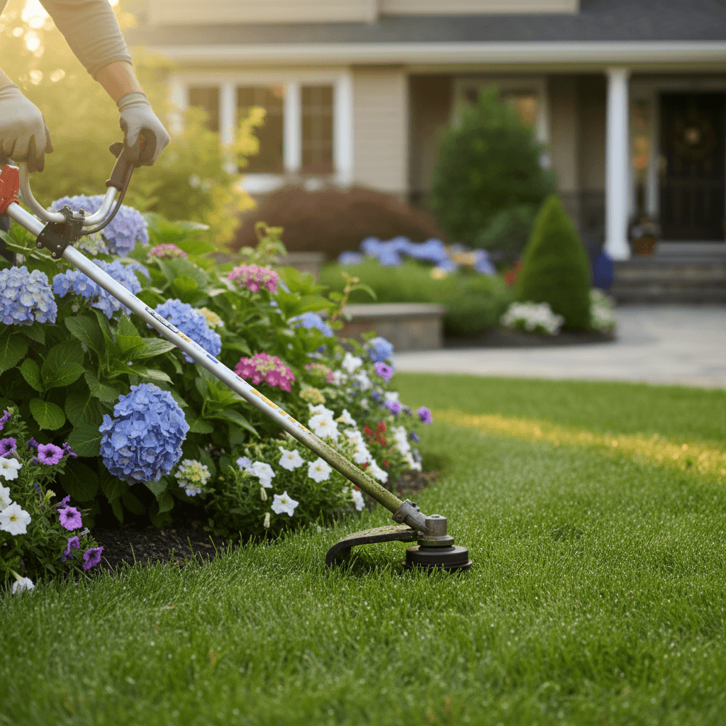 Close-up of landscaper using a leaf blower to clear clippings from a driveway edge