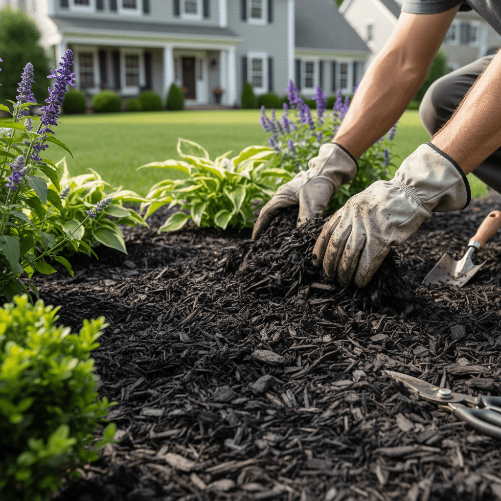 Fresh mulch being installed in a flower bed