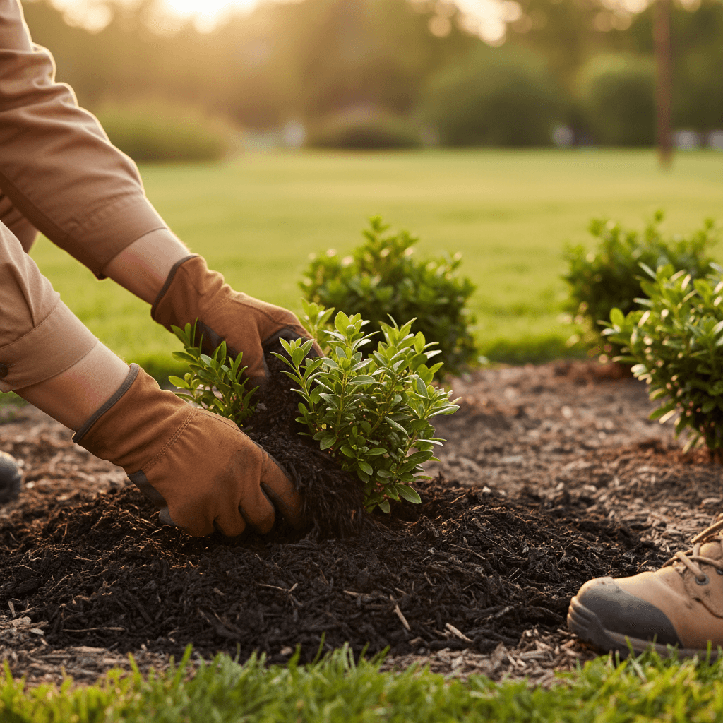 Hands holding mulch fork in a yard
