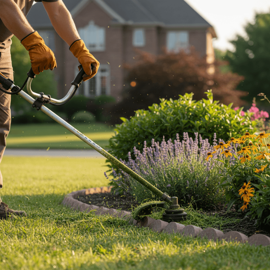 Landscaping professional standing in well-maintained residential yard after completing lawn care service