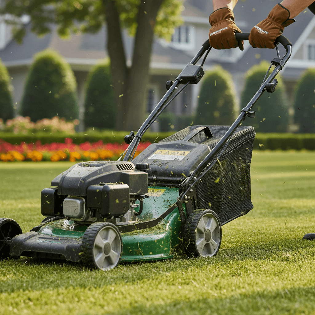 Professional lawn mower on well-maintained residential lawn in Rochester