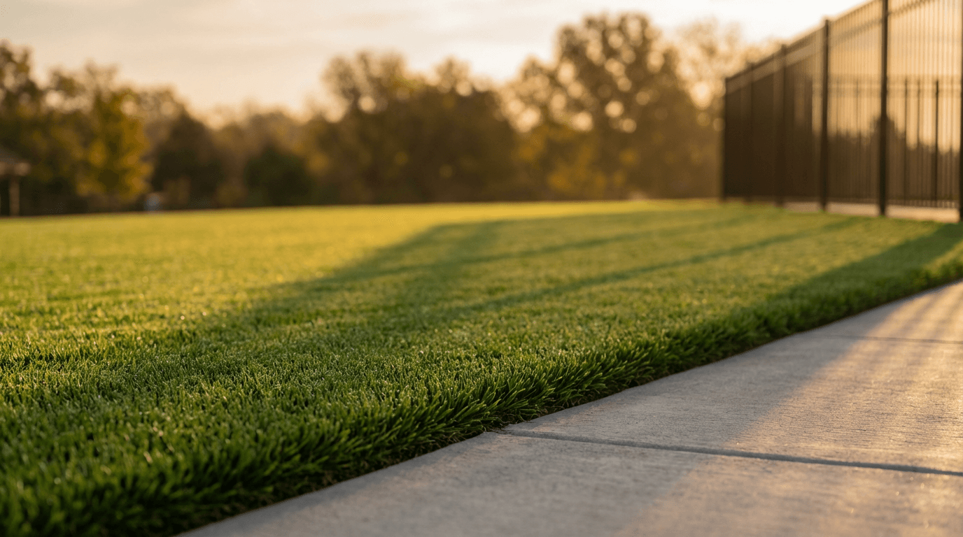 Golden-hour lawn with precise edging, geometric shadows, and healthy green turf demonstrating professional maintenance quality.