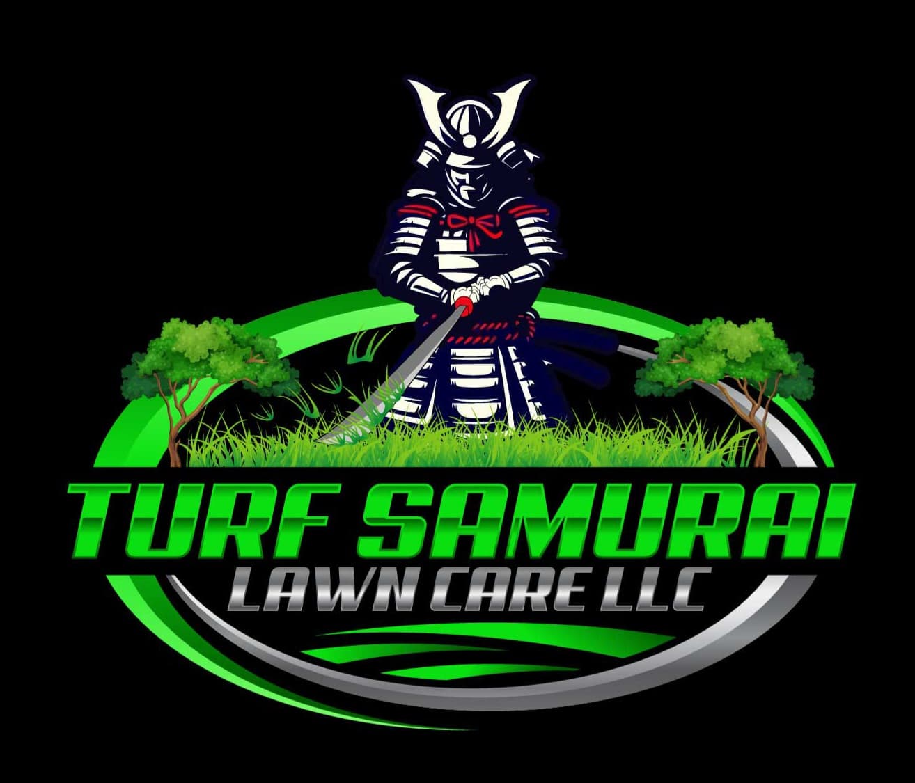 Turf Samurai Lawn Care LLC logo featuring a samurai cutting grass with a katana.